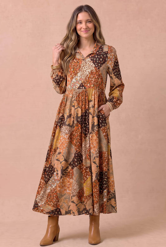 Floral and Geometric Patchwork Maxi Dress: RUST / M