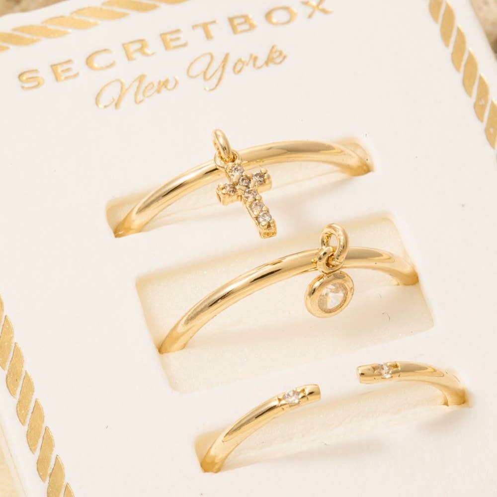 Secret Box Gold Dipped 3Pc Cross Charm Band Rings Set: GD