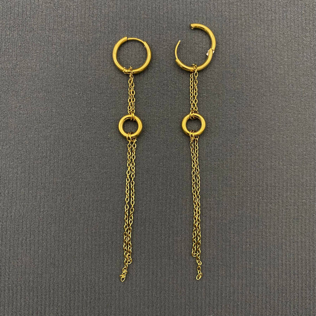 18K Golden Chain Fringe SS Double Loop Huggie Earrings - FGS: Golden + Steel color