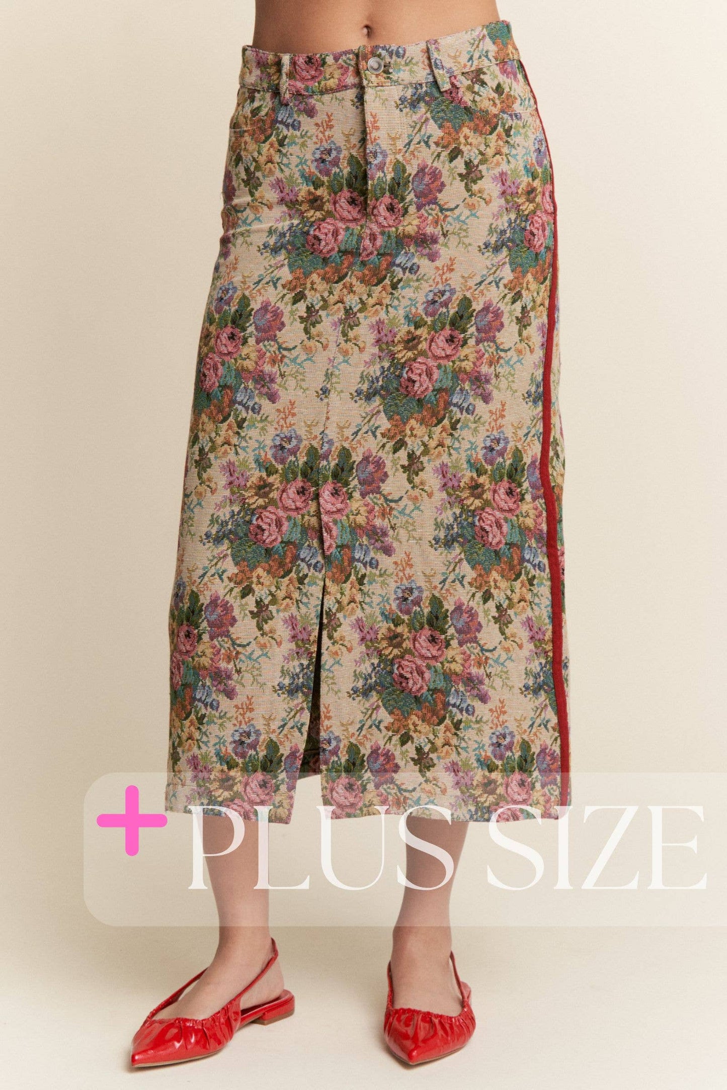 Vintage Floral Front Slit Midi Skirt