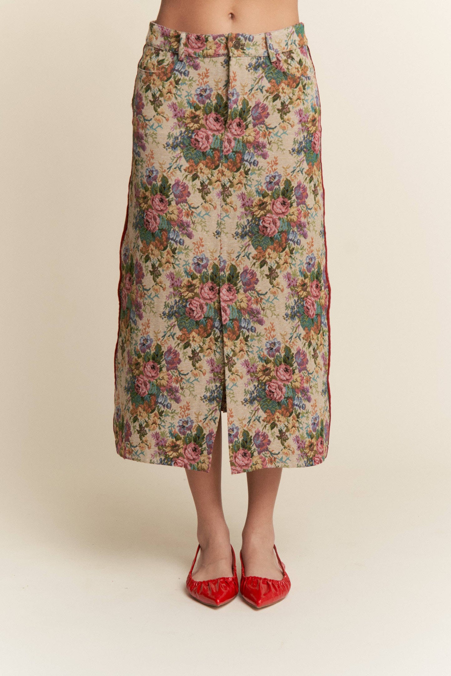 Vintage Floral Front Slit Midi Skirt