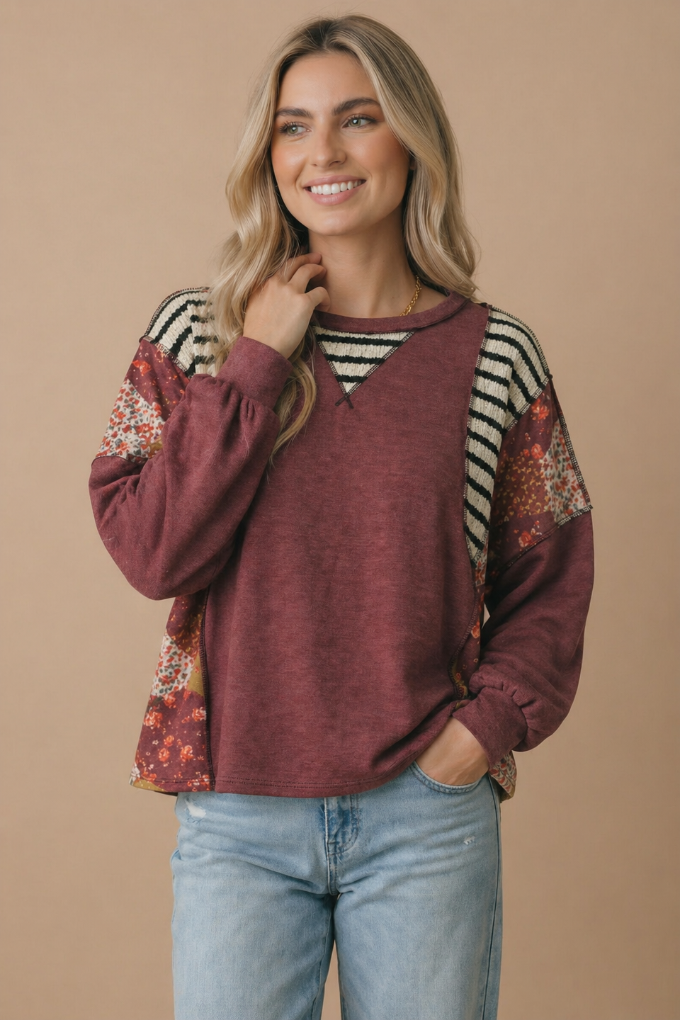 Round Neck Oversized Color Block Knit Top