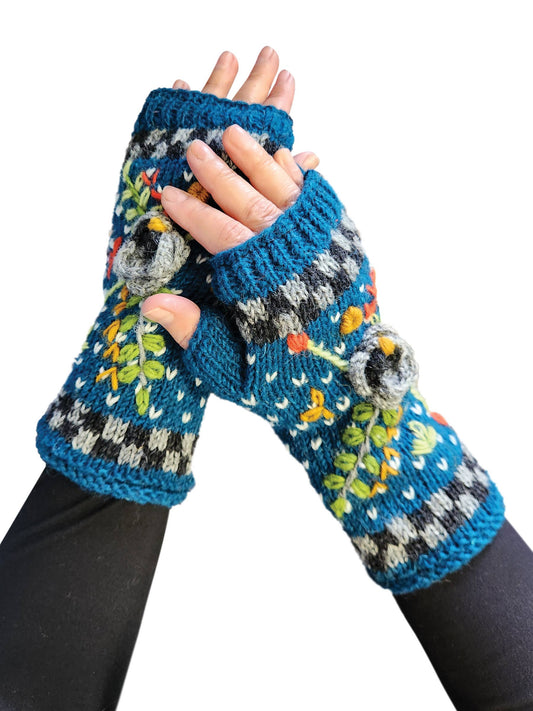 Handmade Knit Fingerless Floral Gloves: Assorted Colors / Outer: 100% Wool Lining: 100% Polyester Fleece / O/S