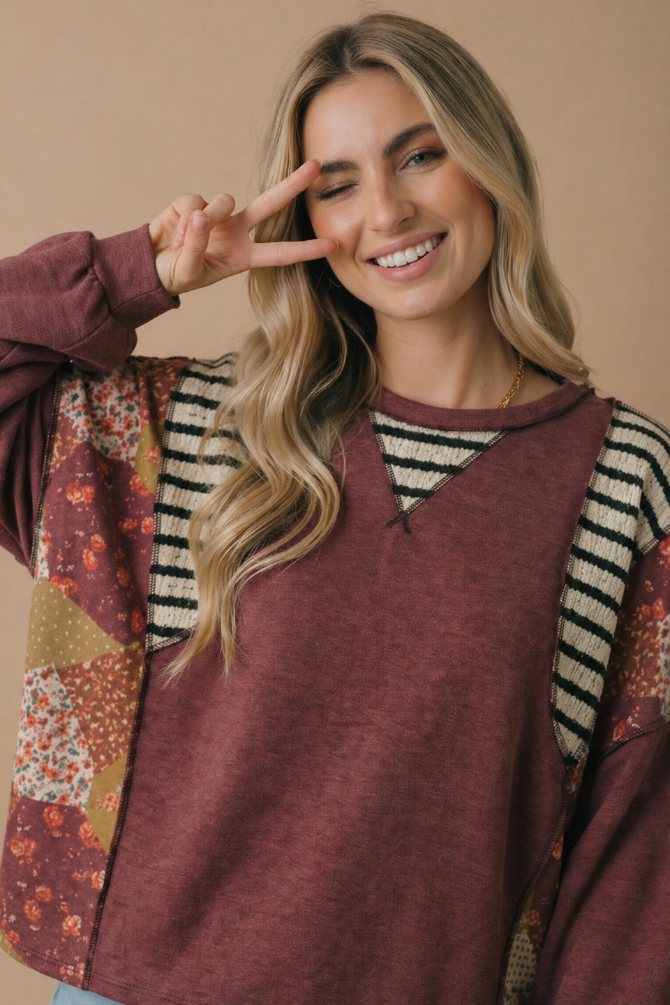 Round Neck Oversized Color Block Knit Top