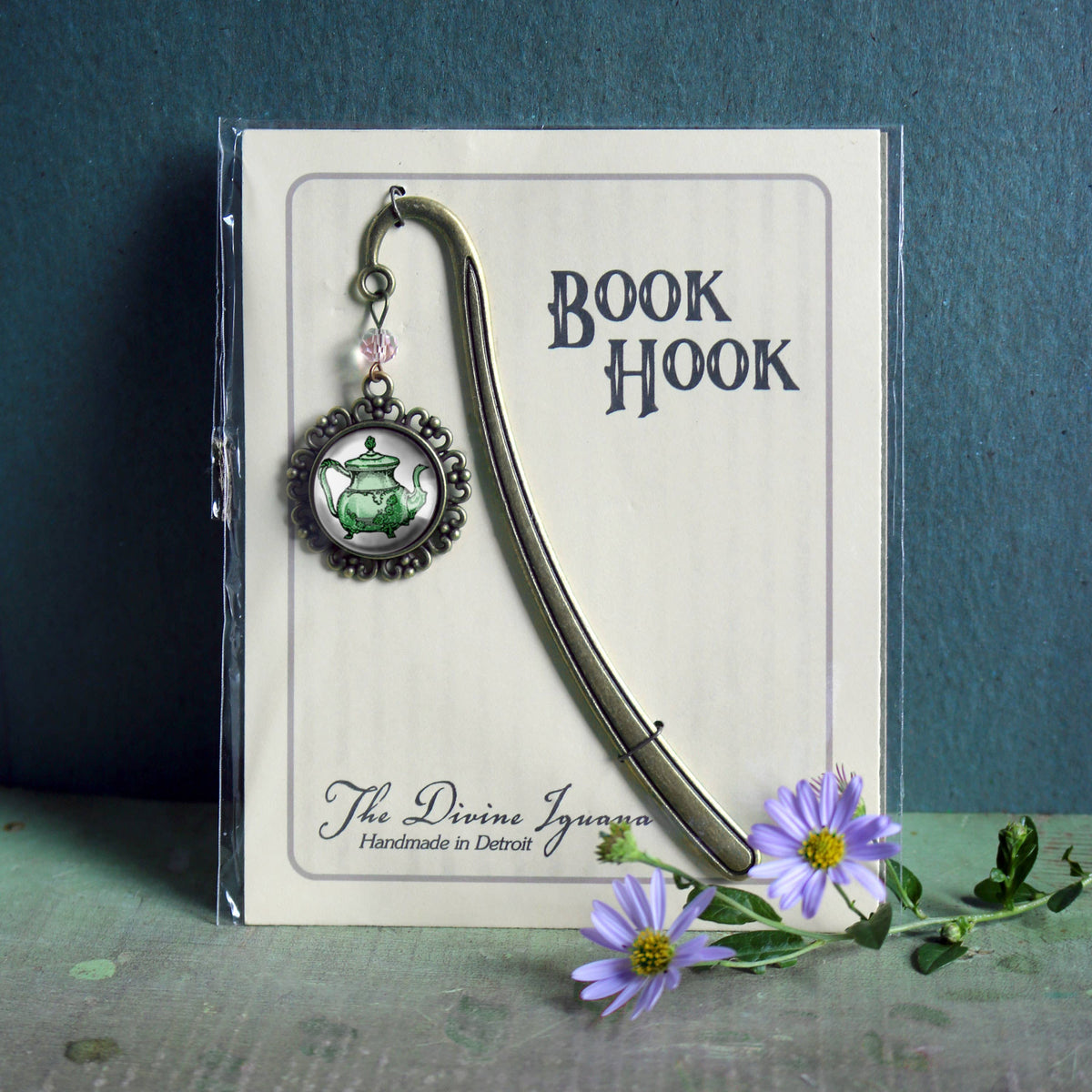 Pastel Teapot Steampunk Victorian Bronze and Glass Bookmark