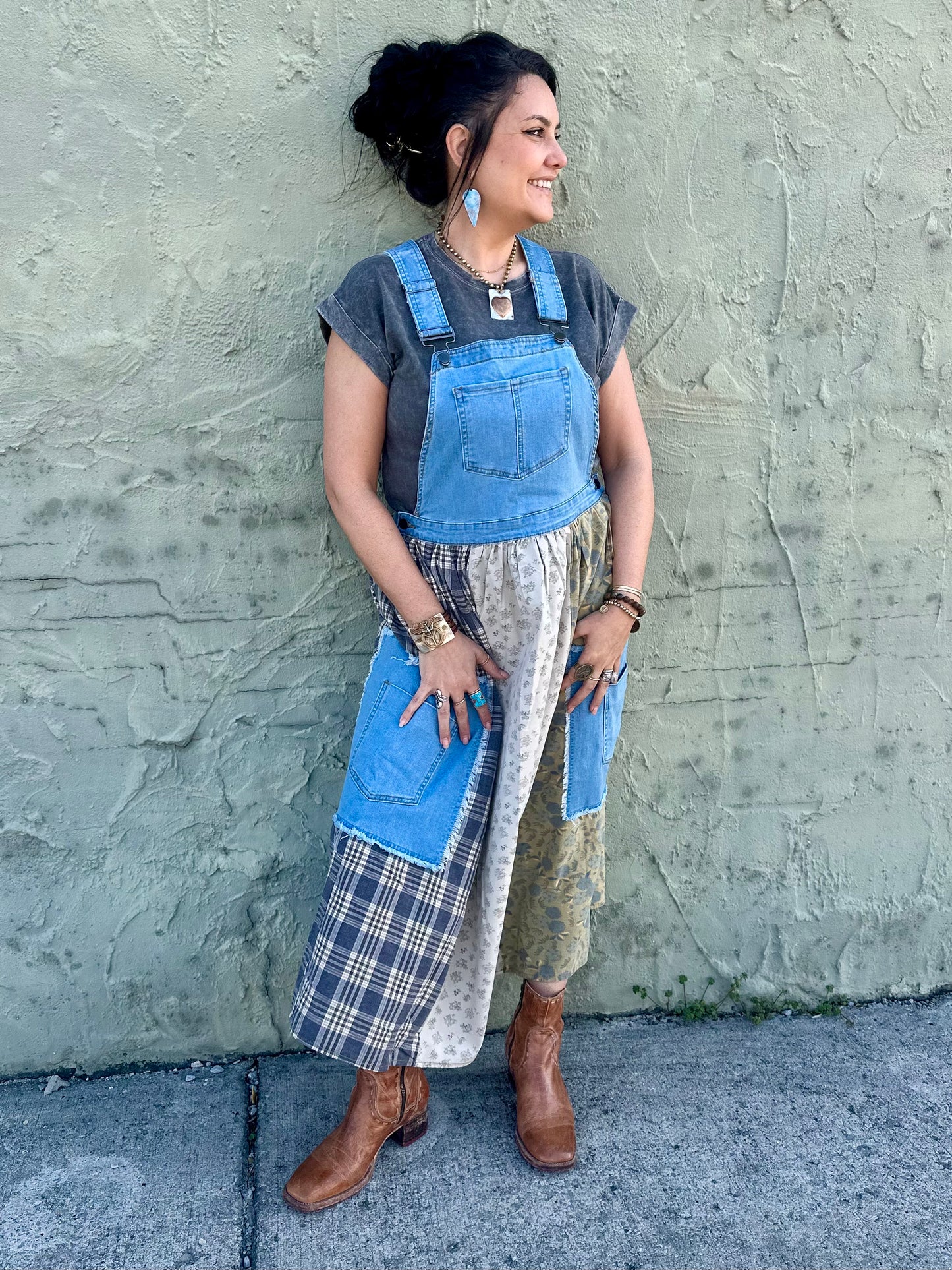 PATCHWORK WASHED DENIM OVERALL DRESS