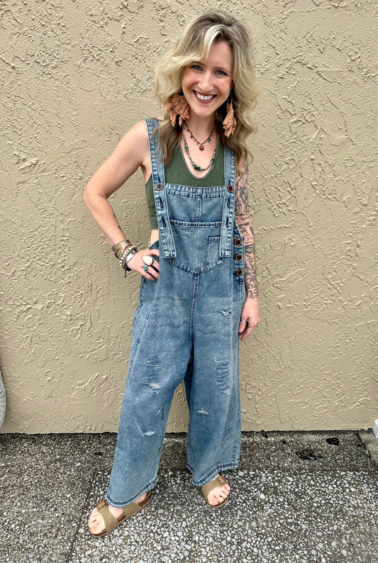 Washed Denim Loose Overalls