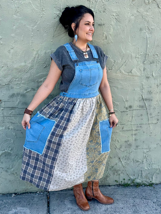 PATCHWORK WASHED DENIM OVERALL DRESS