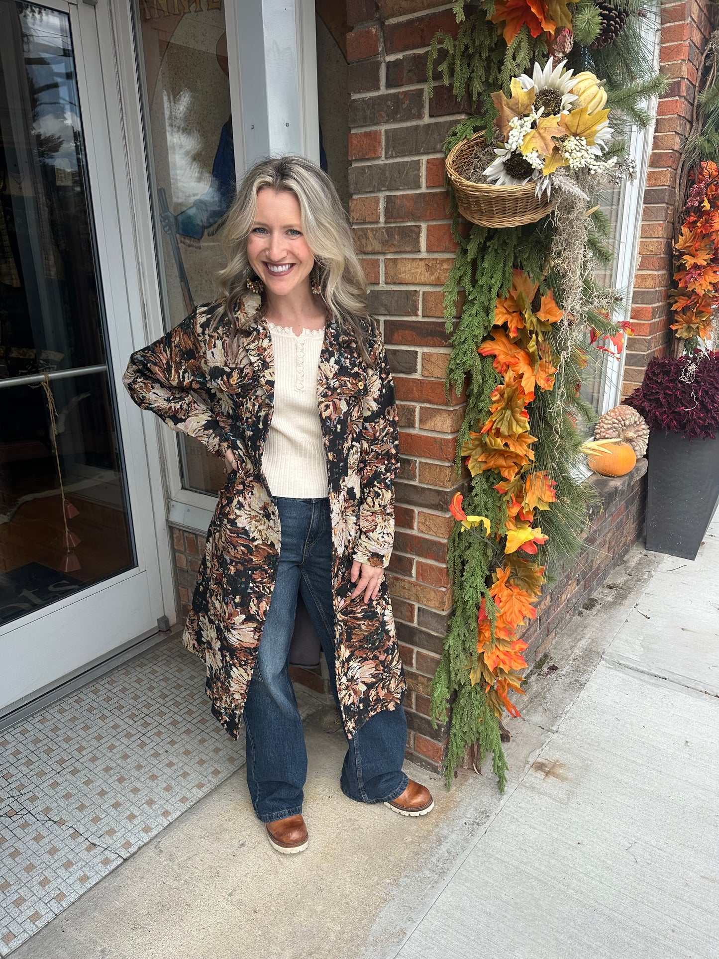Floral Print Knit Button Down Coat