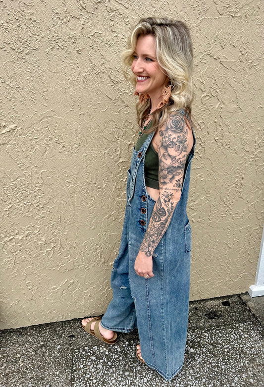 Washed Denim Loose Overalls