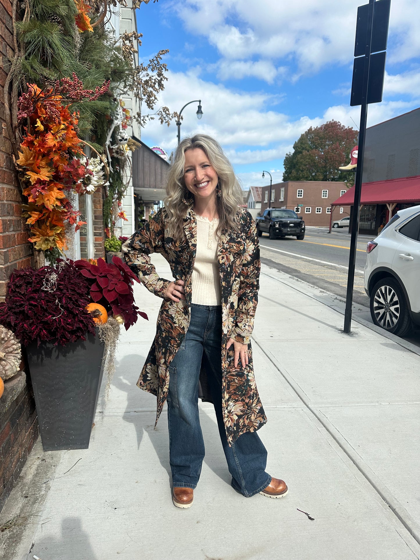 Floral Print Knit Button Down Coat