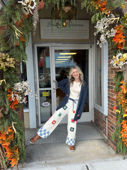 Striped checker pattern patch detail chenille sweater pants