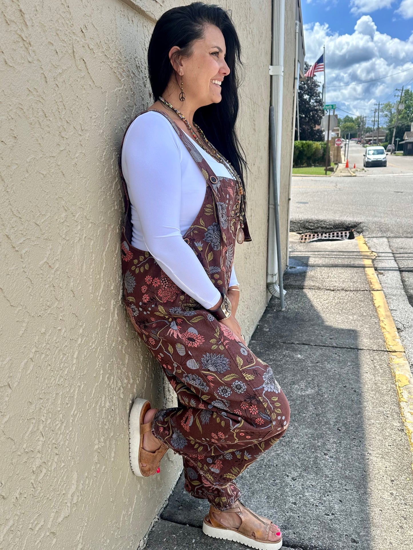 Brown floral overalls
