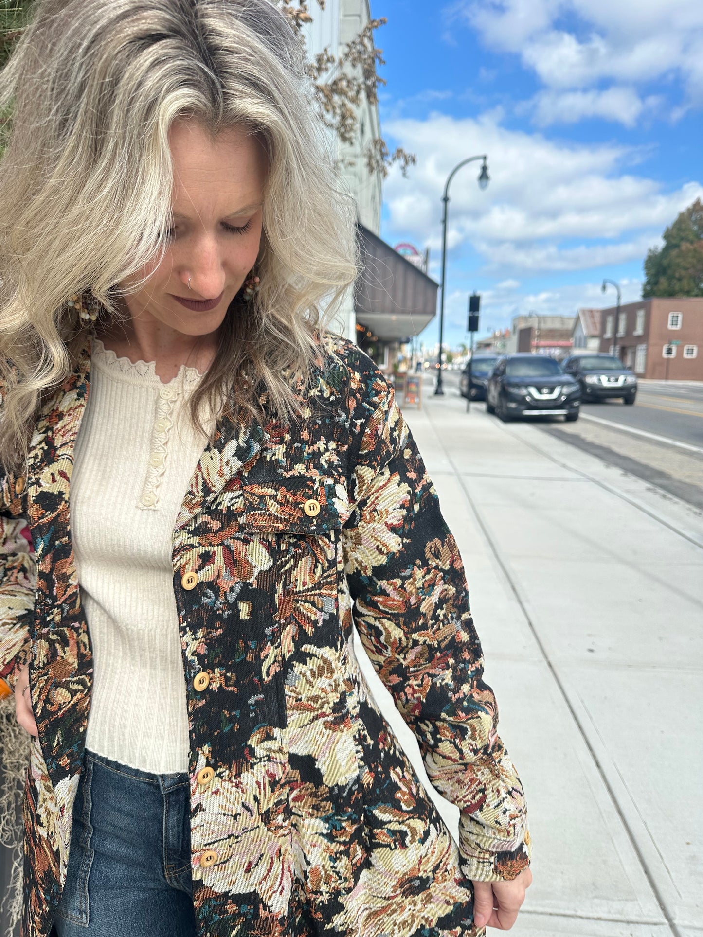 Floral Print Knit Button Down Coat