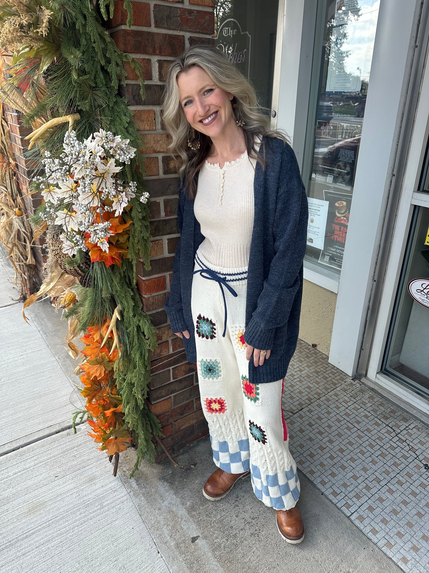 Striped checker pattern patch detail chenille sweater pants