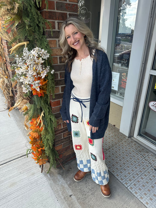 Striped checker pattern patch detail chenille sweater pants