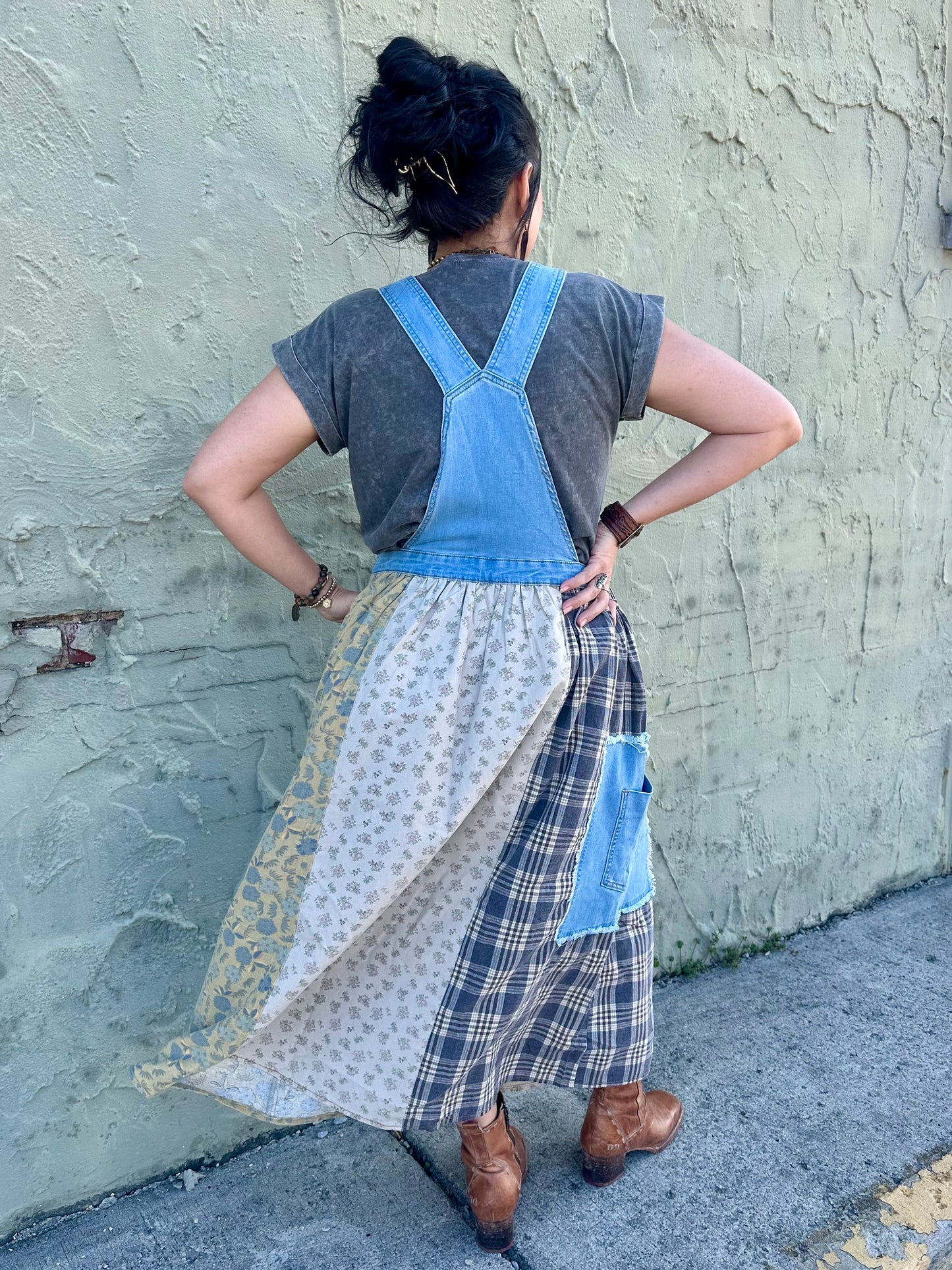 PATCHWORK WASHED DENIM OVERALL DRESS