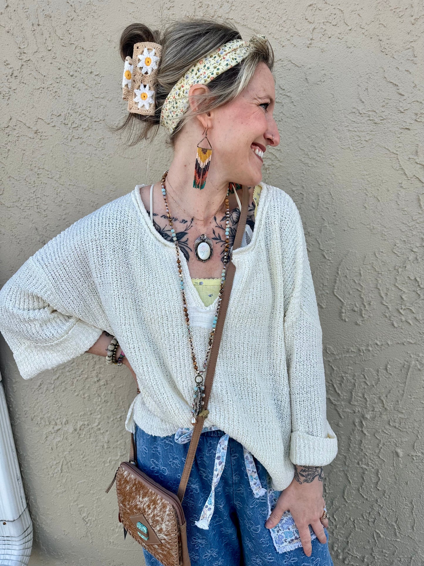 Front Slit Patch Folded Sleeve Pullover