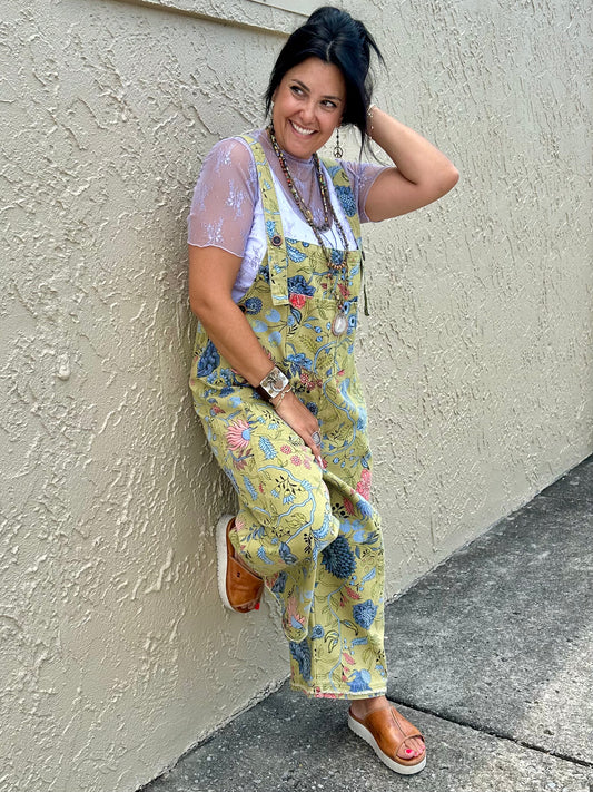 Sage floral overalls