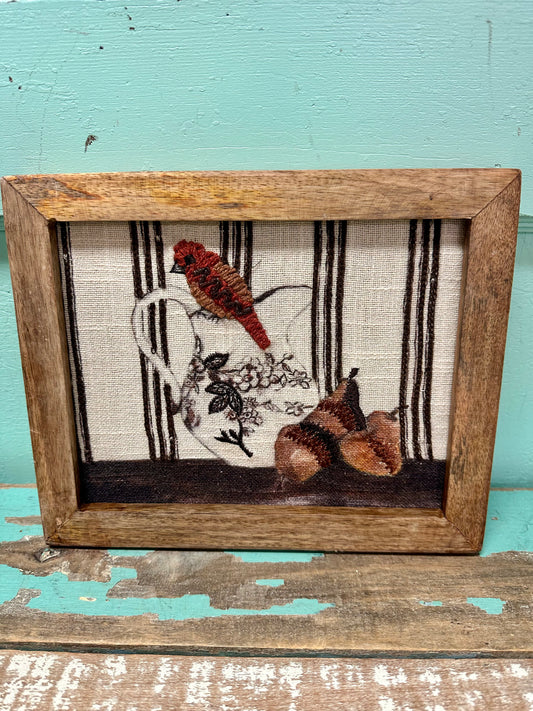 Wood Framed Cotton Embroidered Wall Decor with Bird on Dish, 4 Styles