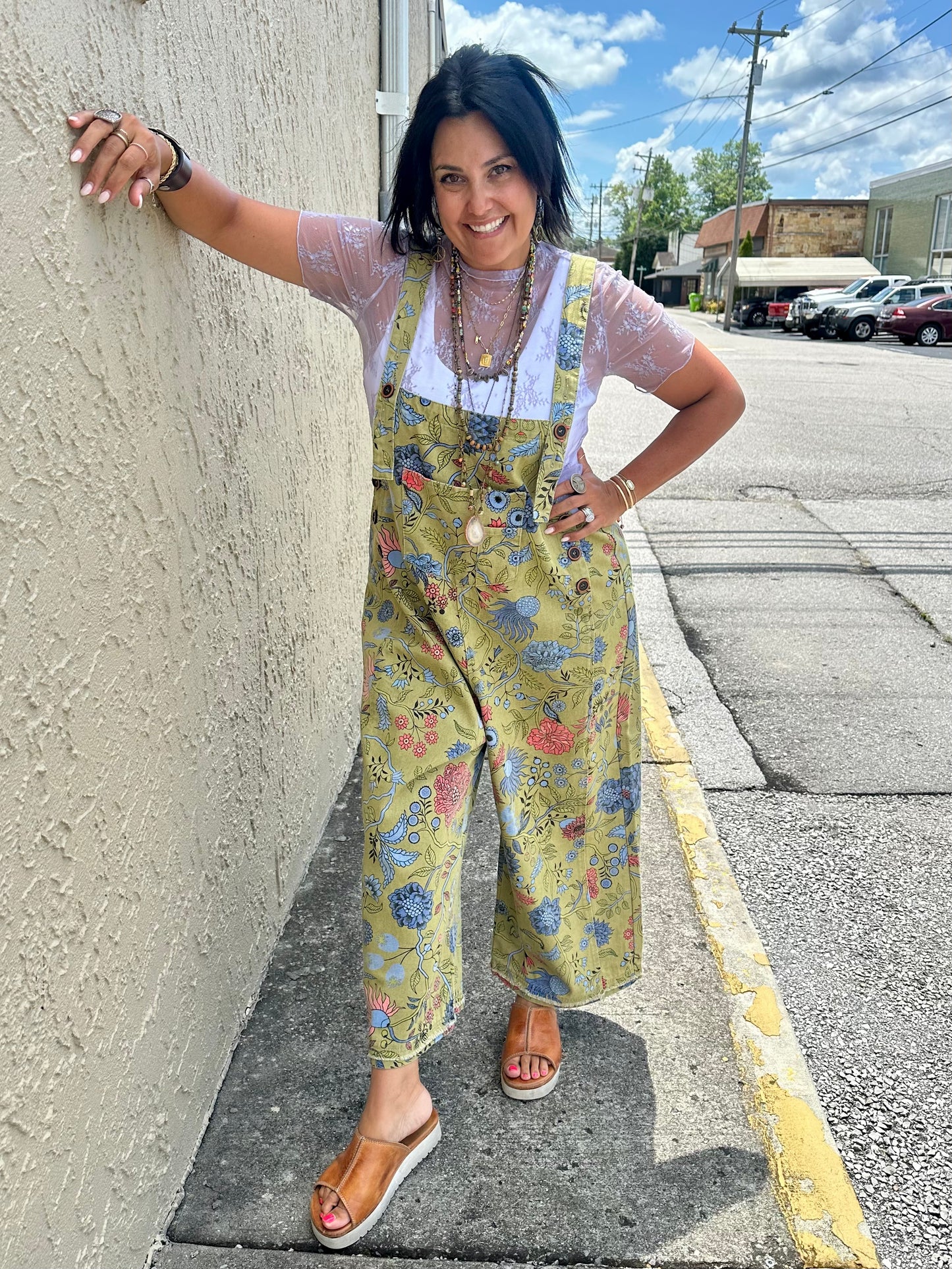 Sage floral overalls