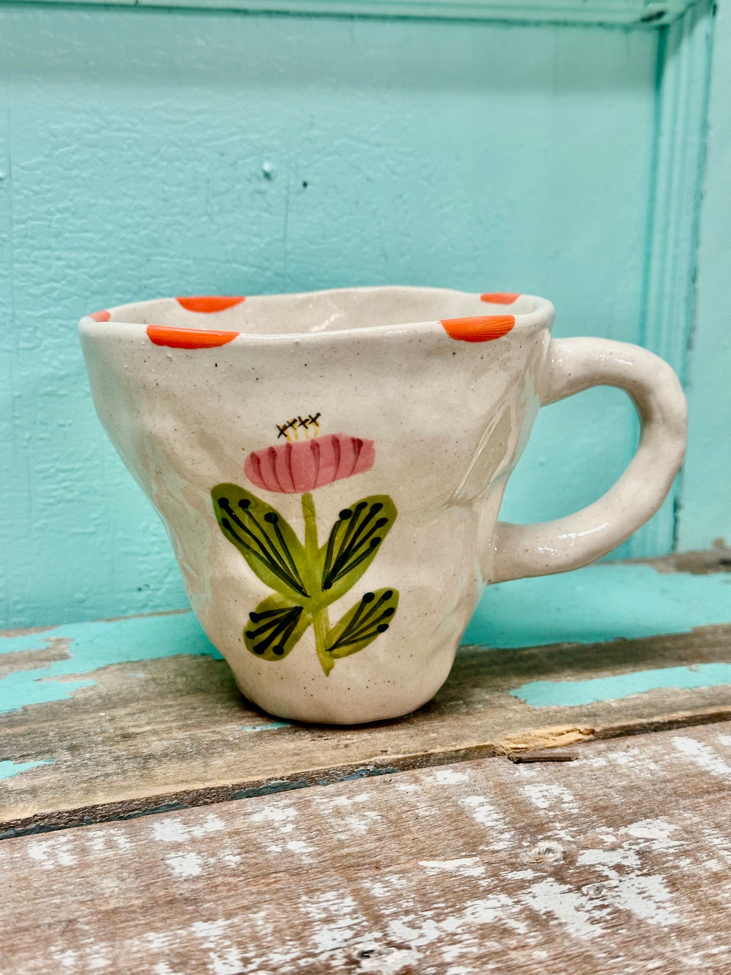10 oz. Boho Hand-Painted Stoneware Mug with Flower Image, 4 Styles