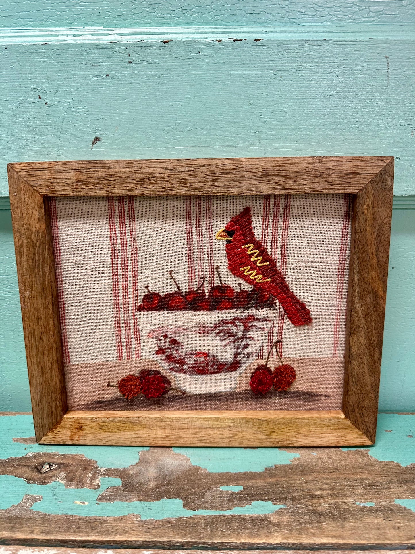 Wood Framed Cotton Embroidered Wall Decor with Bird on Dish, 4 Styles