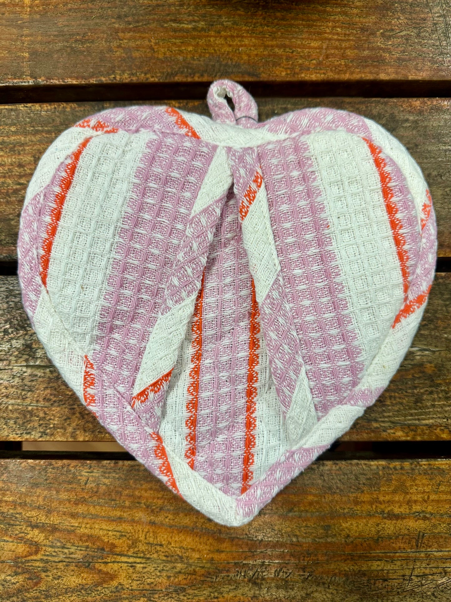 Cotton Quilted Waffle Weave Heart Shaped Pot Holder with Stripes, 3 Styles