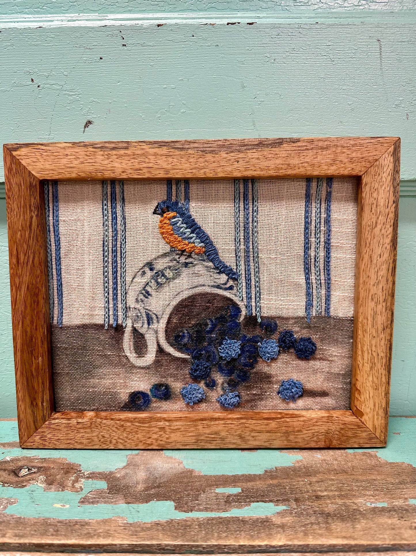 Wood Framed Cotton Embroidered Wall Decor with Bird on Dish, 4 Styles