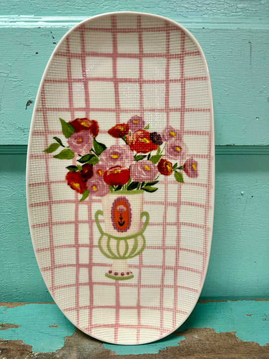 Textured Stoneware Plate w/ Flowers in Vase, 2 Styles