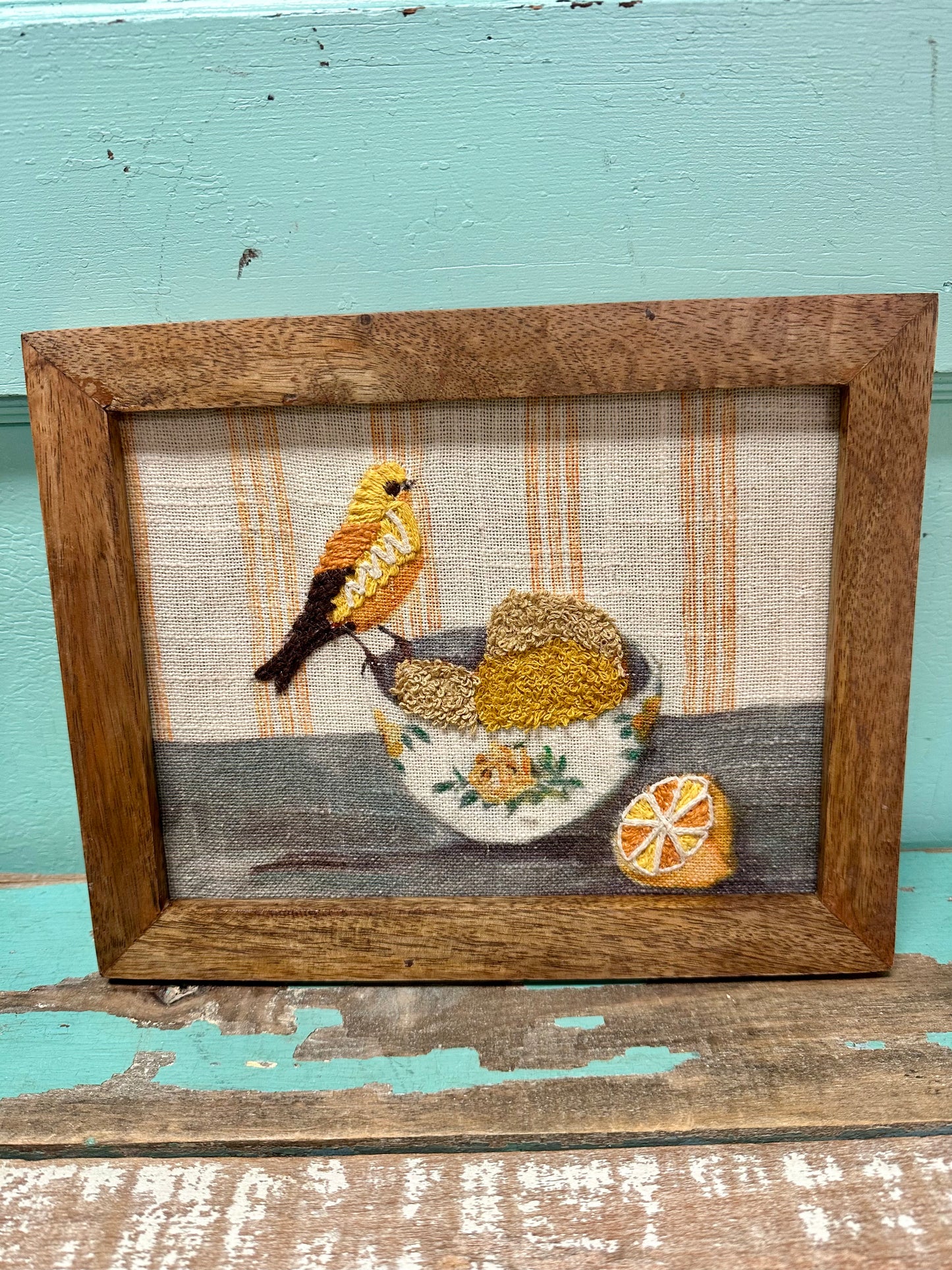 Wood Framed Cotton Embroidered Wall Decor with Bird on Dish, 4 Styles