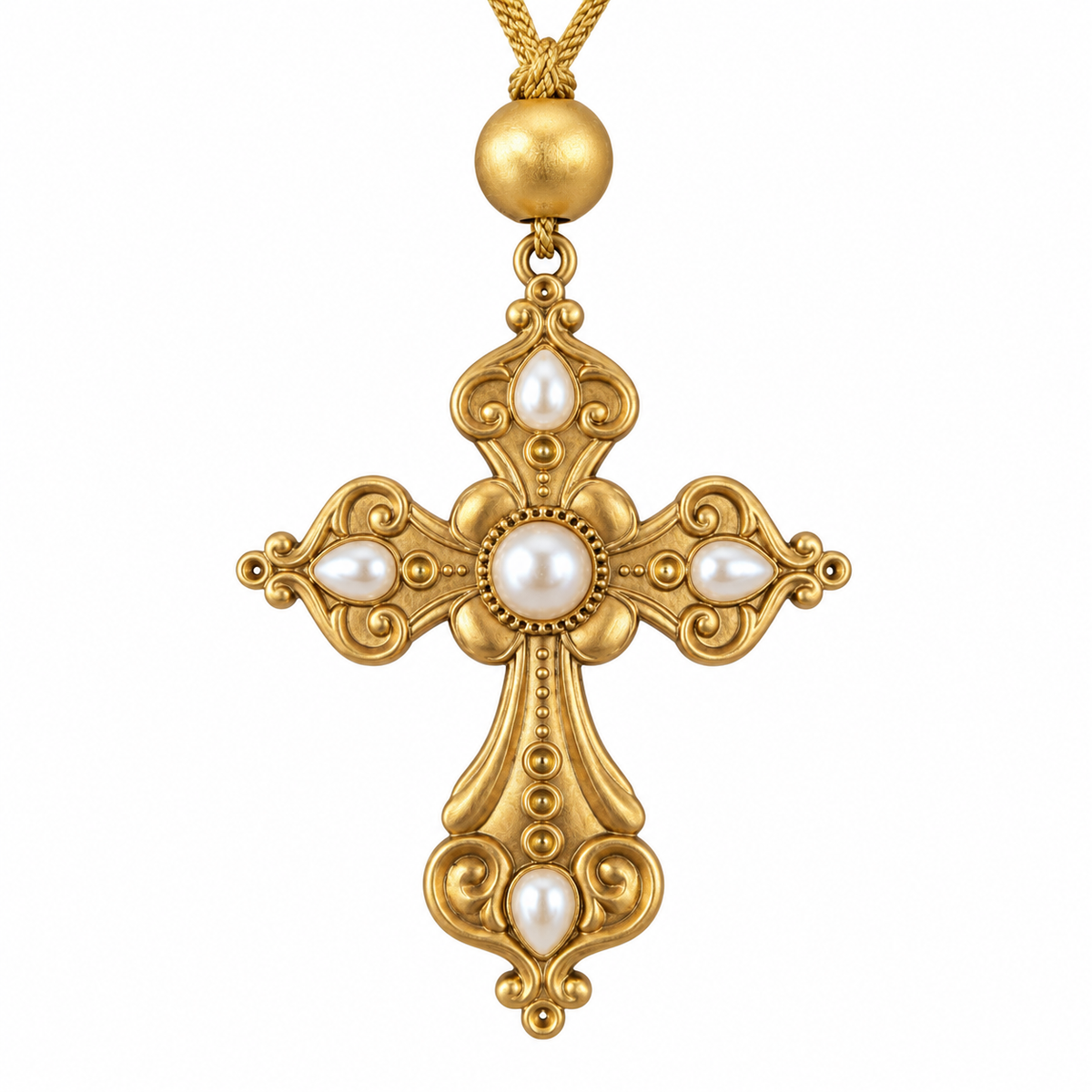 4.5" Gold Cross Ornament with Pearl