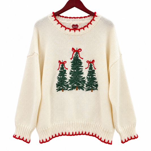Christmas Trees Stitched Loose Fit Sweater Top
