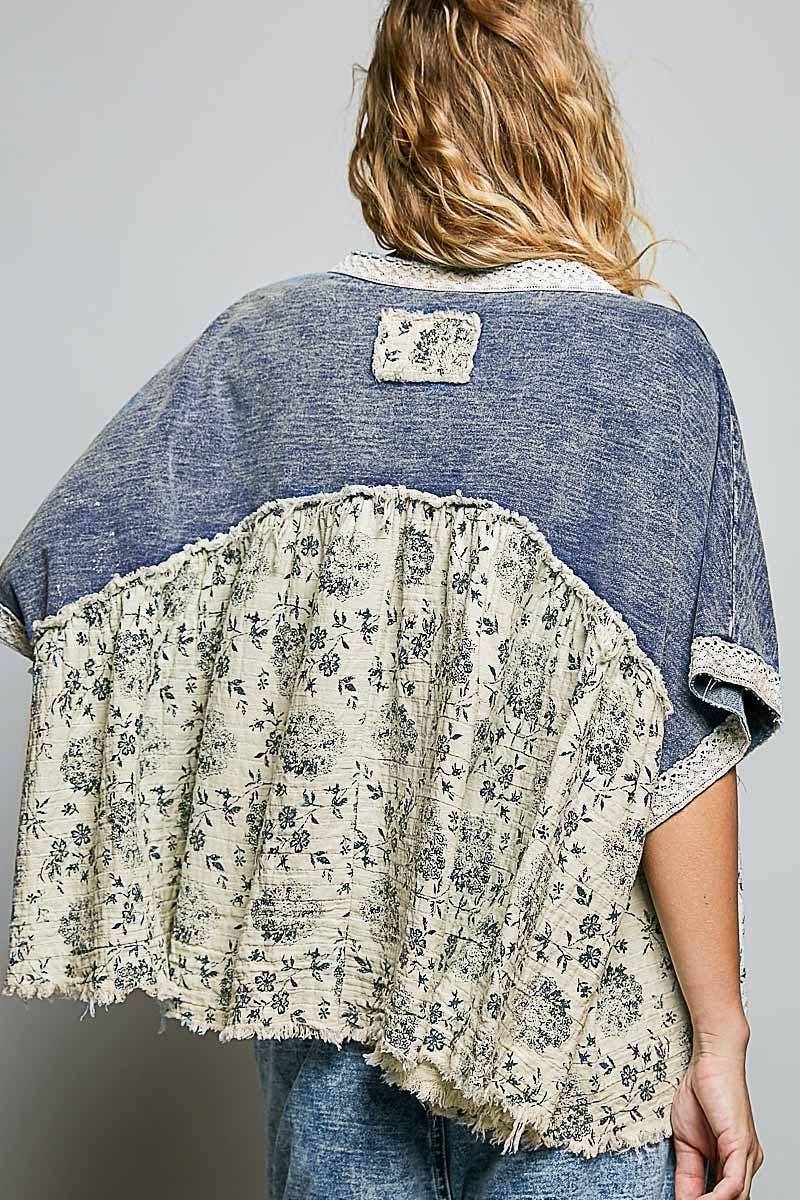 French Terry Floral Gauze Ruffle Detail Denim Short Top