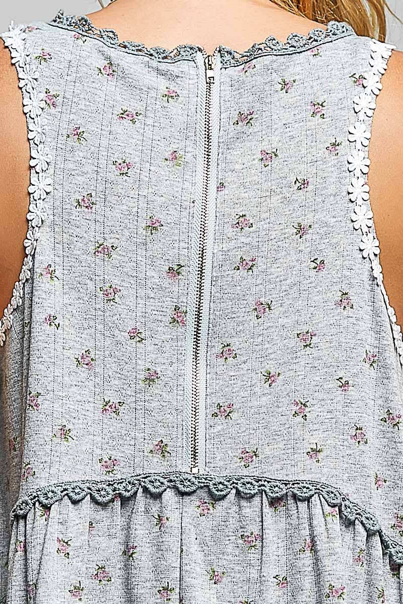Round Neck Ruffle Hem Trim Detail Floral  S