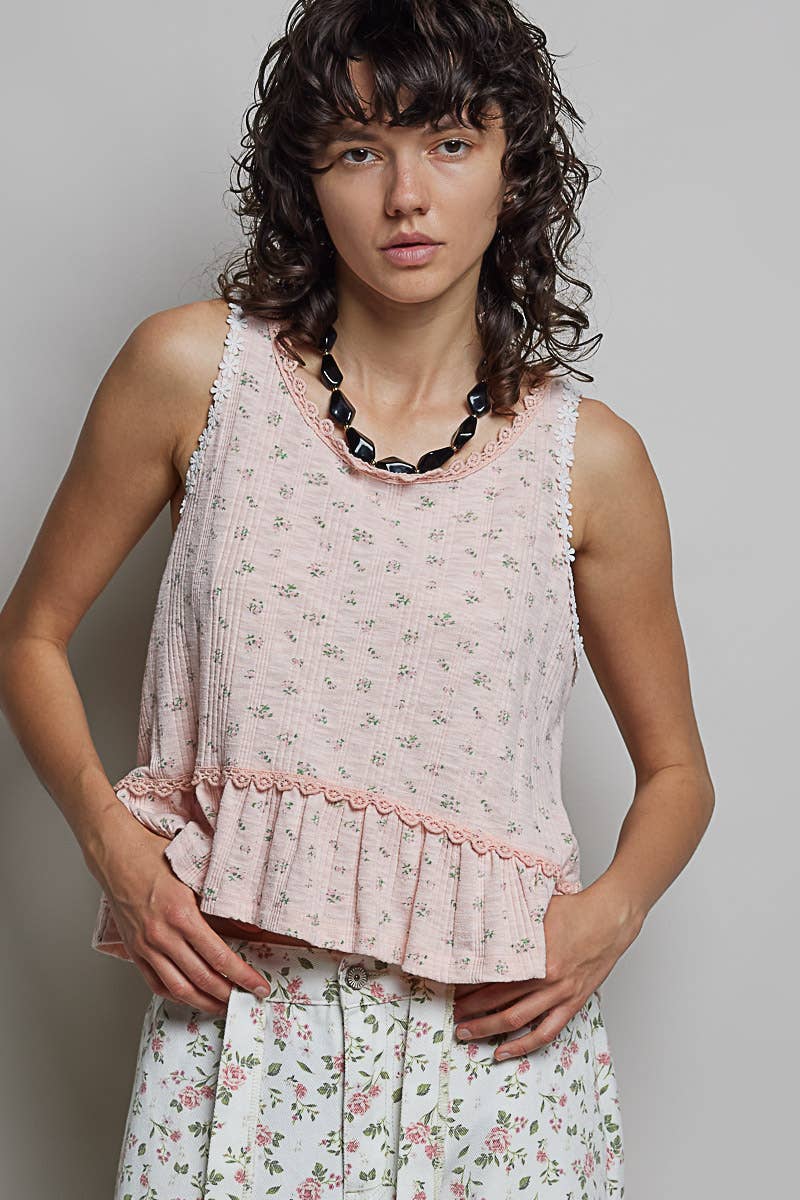 Round Neck Ruffle Hem Trim Detail Floral  S