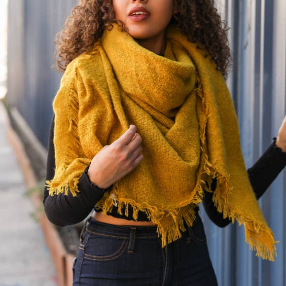 Cozy Faux Mohair Open Work Square Blanket Scarf ❄️: Mustard