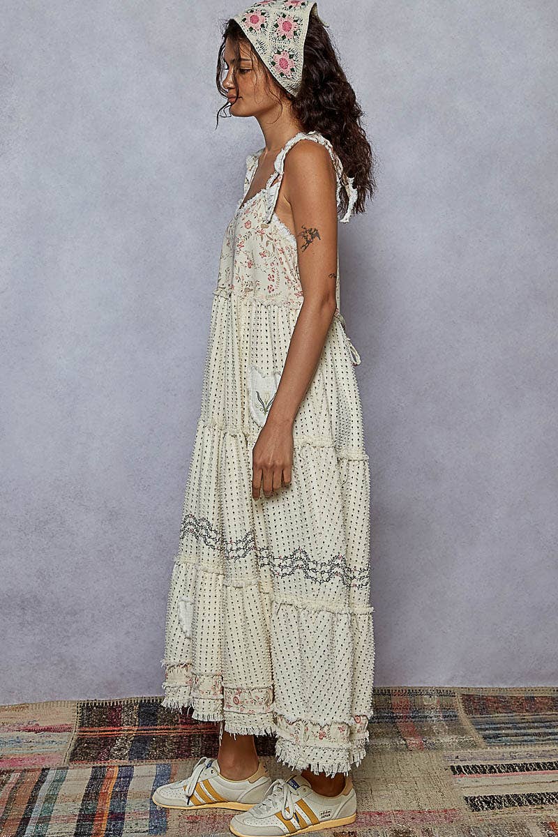 Sleeveless ruffle strap textured woven denim maxi dress
