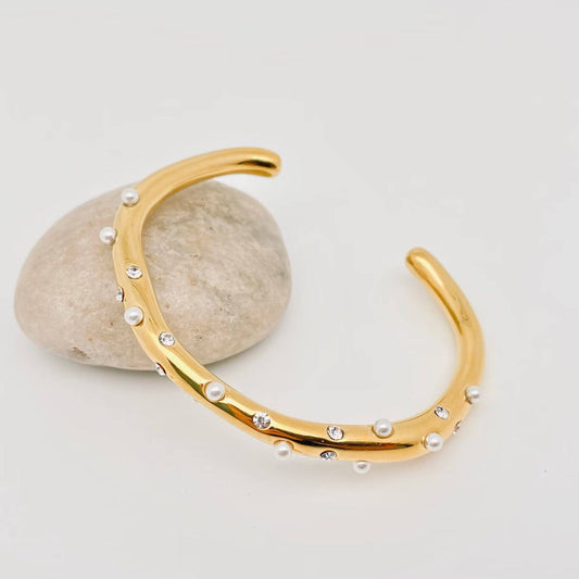 Zircon Pearl 18K Gold Plated Stainless Steel Bangle - FGS