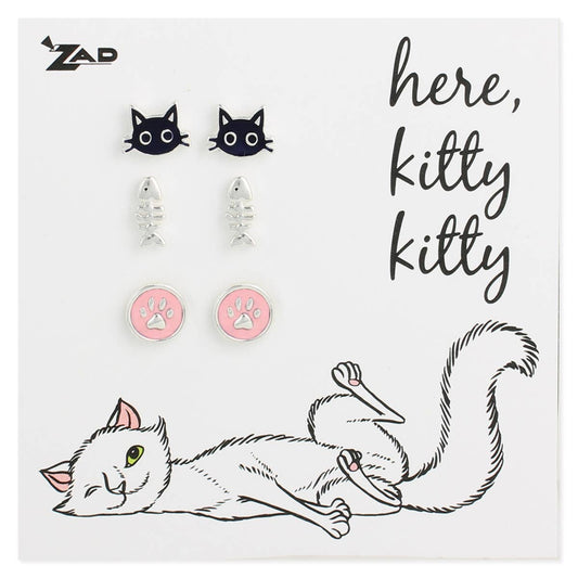 Set of 3 Enamel Cat Theme Post Earrings