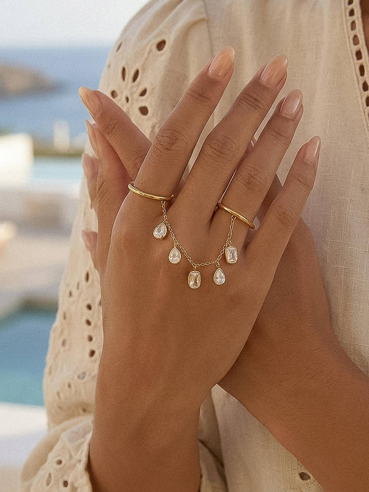 Cosette 18K Gold Non-Tarnish CZ Dangle Circle Drop Ring: Yellow Gold
