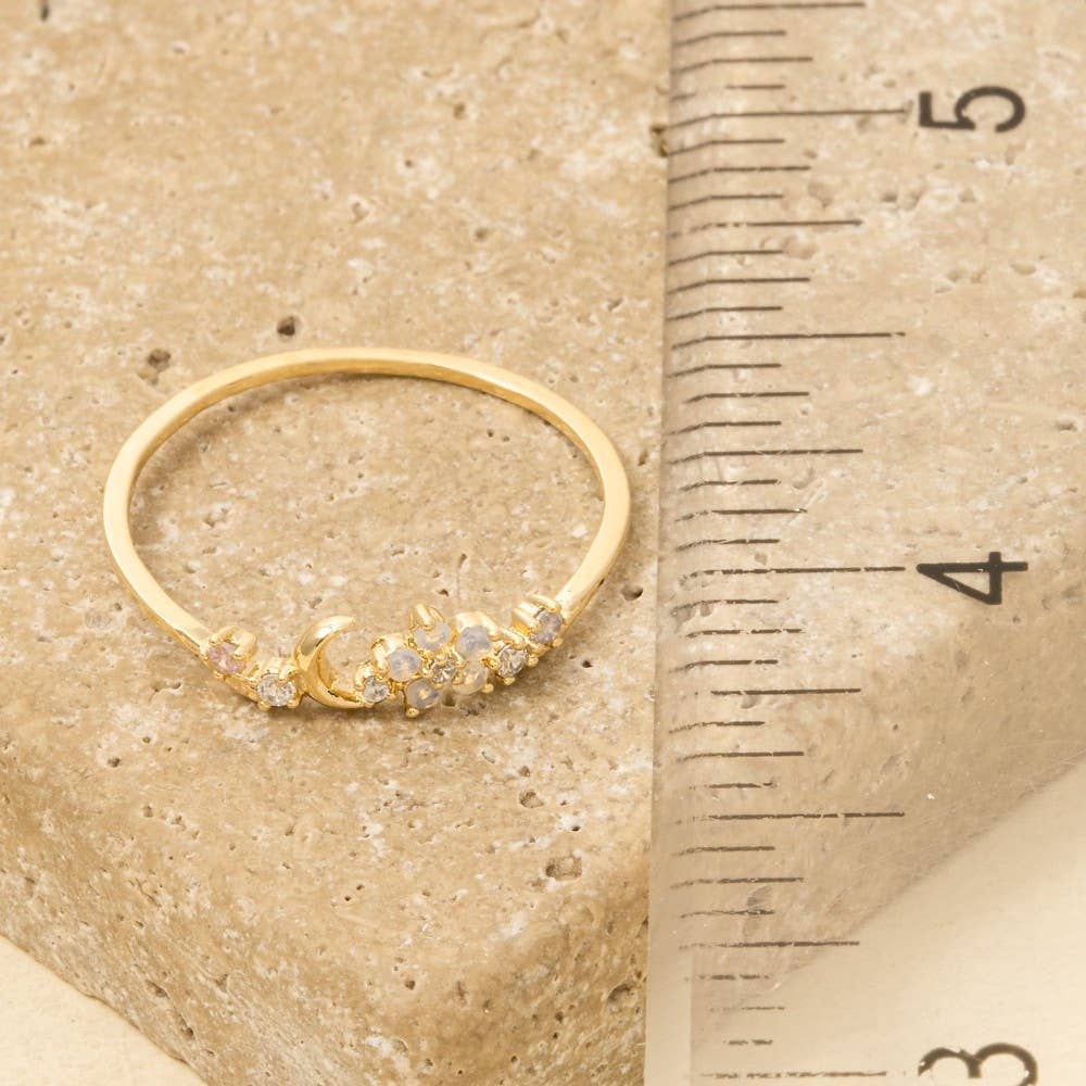 Gold Dipped Cz Floral Moon Ring: G