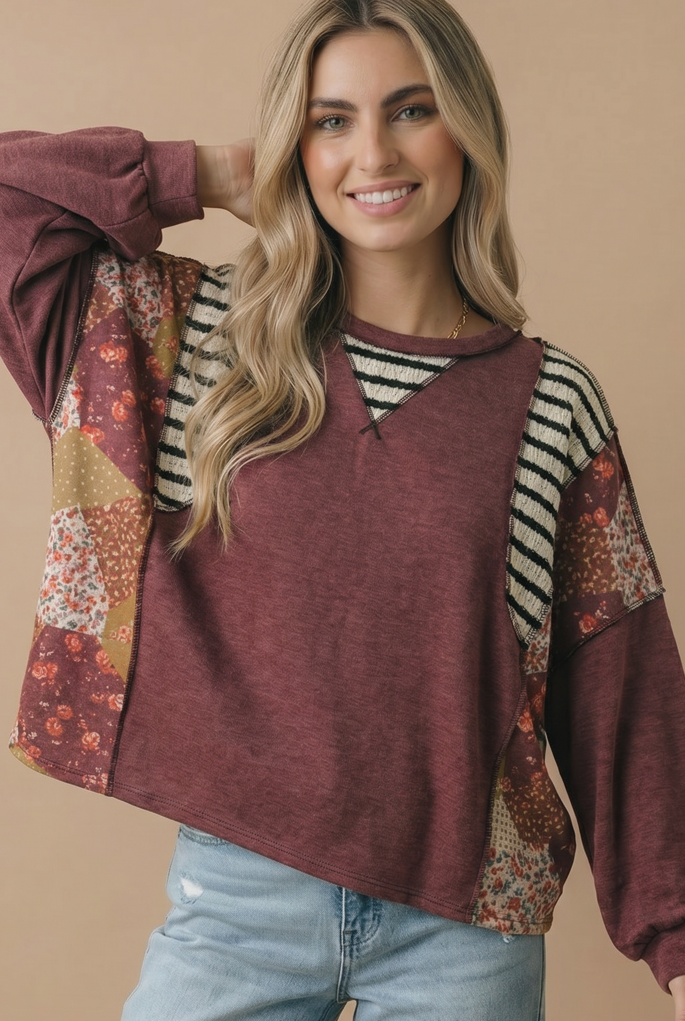 Round Neck Oversized Color Block Knit Top