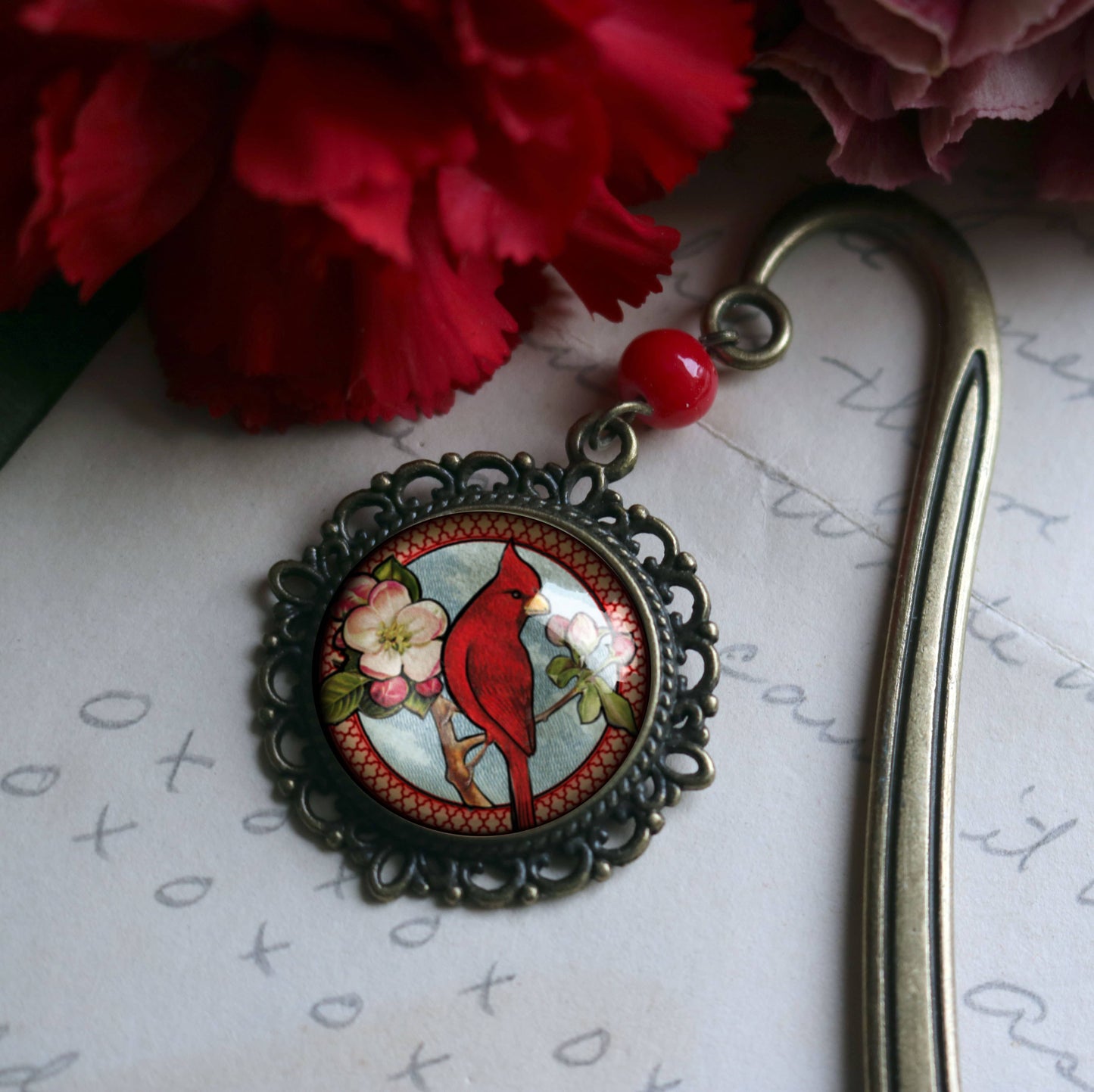 Cardinal Bird Vintage Inspired Bronze and Glass Bookmark