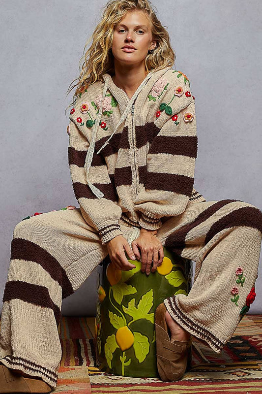 Striped pattern 3D embroidered detail chenille sweater pants