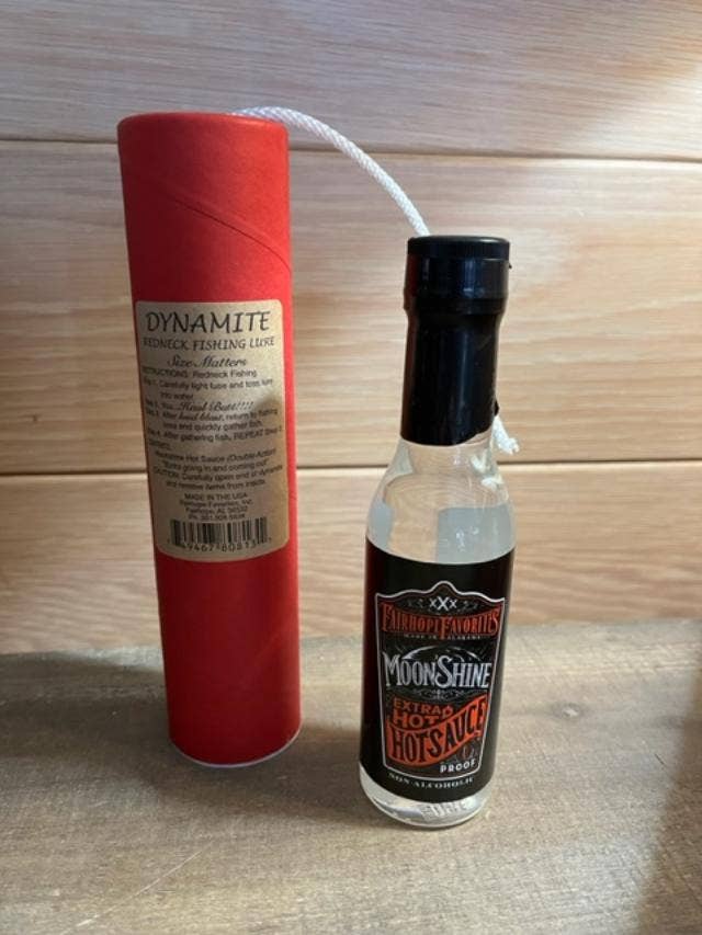 Dynamite Fishing Lures with A Bottle of Moonshine Hot Sauce: Moonshine Hot Sauce