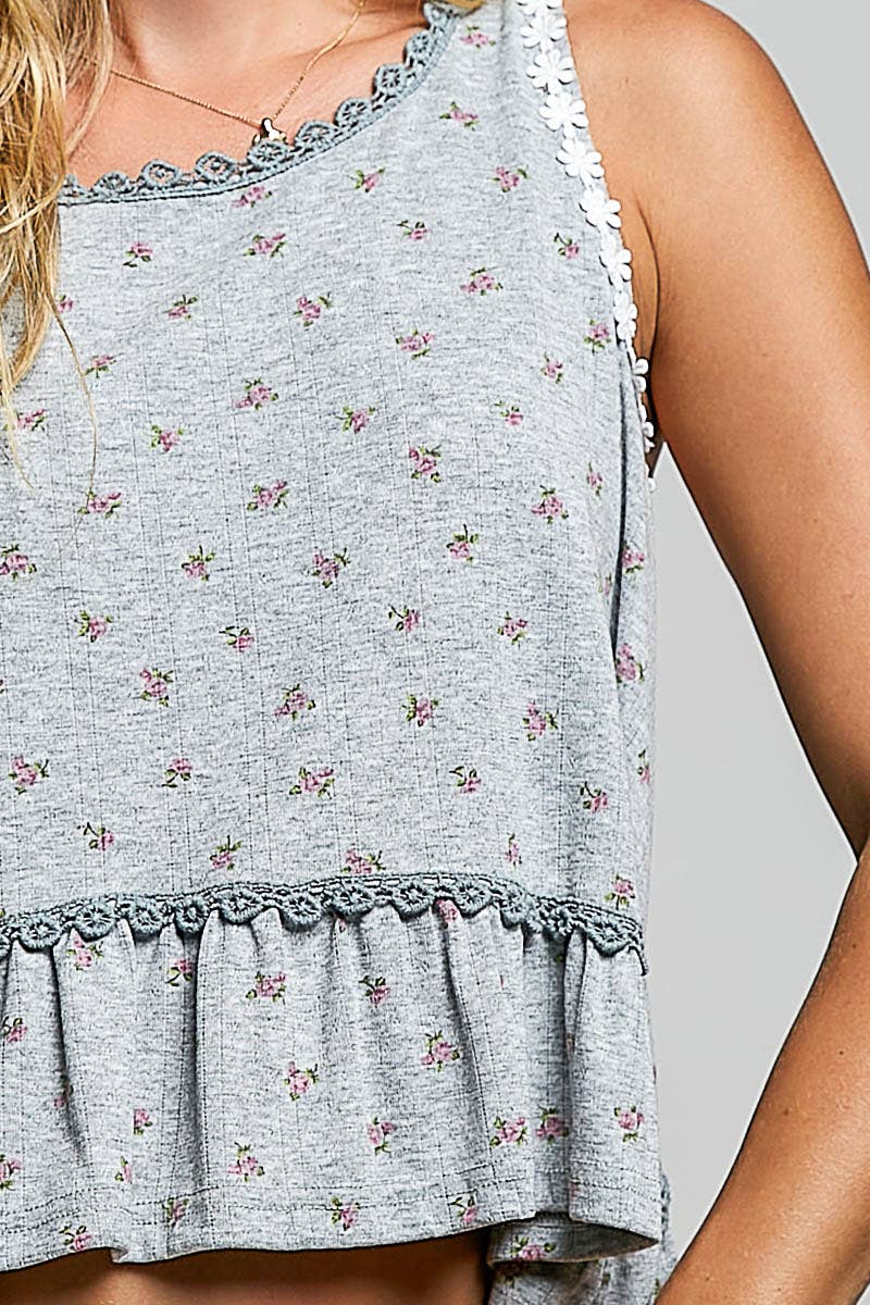 Round Neck Ruffle Hem Trim Detail Floral M