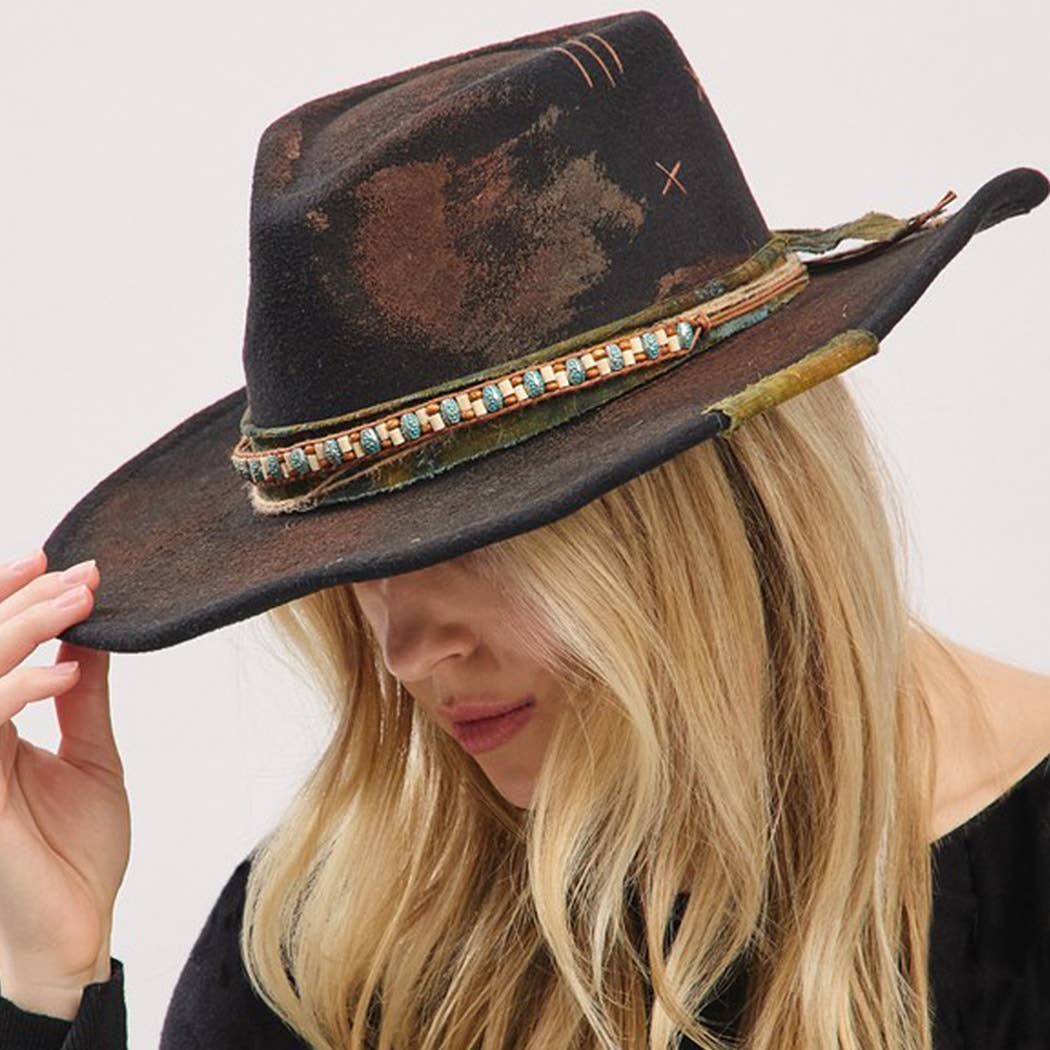 Vintage Versatile Shapeable Cowgirl & Fedora Hat With Distre: BK