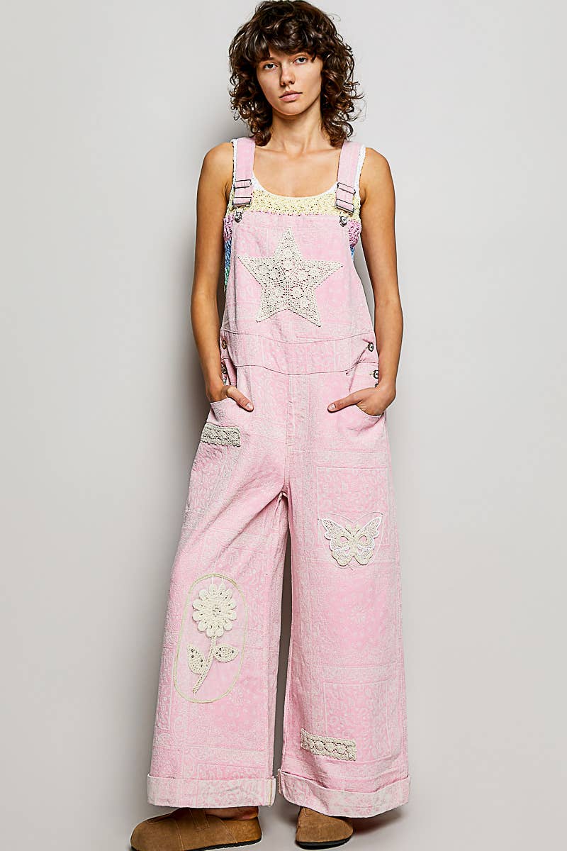 Floral Crochet Pearl Patch Roomy Fit Twill Overalls: FLORAL MULTI / M
