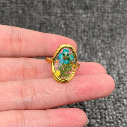 18K Gold Plated S.Steel Floral Adjustable Rings - PDF/FGS: Blue small flower